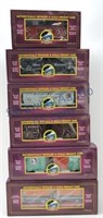 MTH lot of 6 train cars in boxes, O gauge: