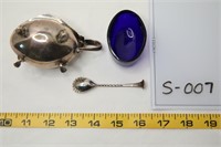 Silver Oval Mustard Plain with Spoon Blue Glass