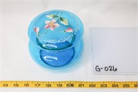 Blue Glass Jar with Hinged Lid Floral Design