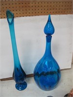 2 24 - 24" tall blue glass stoppered bottle & vase