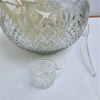 Glass punch bowl, ladle, and cups