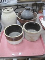 5 pc of stoneware-cov jar-brown bowl+++