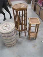 2 bamboo plant stands a basket with lid