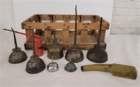 Vintage Thumb Press Oil Cans & Wood Crate