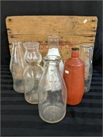6 Vintage Glass Milk Bottles with Crate