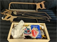 4 Vintage Hack Saws and Box of Various Items