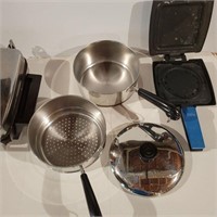 Burger press, waffle iron, & steamer pot