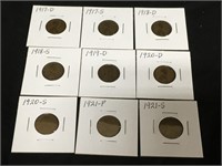 9 Lincoln Wheat Pennies 1917-D - 1921-S