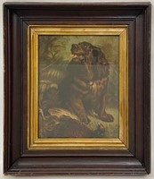 ANTIQUE OIL ON BOARD OF A DOG