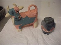 2 Ceramic Cookie Jars, Cow, Elephant