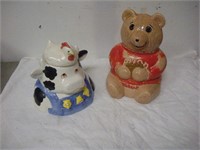2 Ceramic Cookie Jars, Cow, Teddy Bear