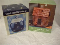 2 Ceramic Cookie Jars-Log Cabin, Snowflake