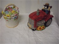 2 Ceramic Cookie Jars-Tractor, Flower Basket