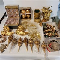 Variety of gold Christmas ornaments