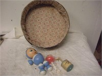 Celluloid Rattle, Vintage Crib Toy, Cheese Box
