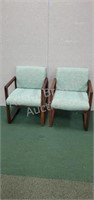 2 wood frame upholstered waiting room chairs,