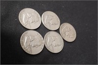 Lot of 5 90% Silver Franklin Half Dollars