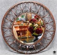 Large Round Etched Mirror in Metal Frame
