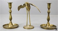 Brass Candlesticks & Crane Figurine