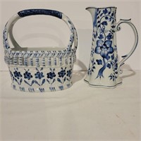 Vintage blue & white porcelain basket and vase