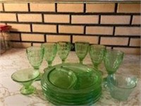 14 pcs Green Depression Glass