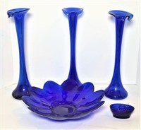 Cobalt Glass Vases & Bowl