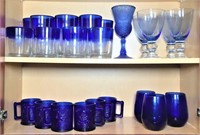 Assortment of Blue Glass Mugs, Water Glasses