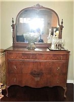 Antique Burl Wood Dresser & Mirror