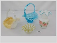 Fenton Style Glass Baskets Vase & Dish