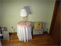 Sewing Boxes, Glass lamp, Skirted Round Table