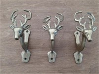 Set of (3) Brass Stag Coat Hooks