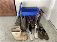 Blue Bin of Assorted Hunting Shoes