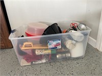 Clear Tub of Various Kitchenware Items