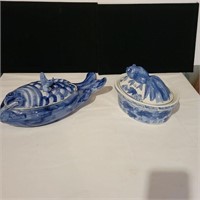Blue & white fish and koi bowls with lids
