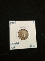 1903 Indian Head Penny Coin marked Brown AU