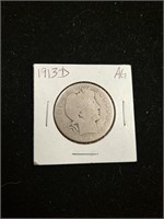1913-D Barber Silver Half Dollar coin marked AG