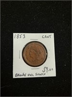 1853 Liberty Head Large Cent coin marked Brown