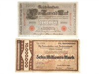Vintage 1000 & 10,000,000 German Mark Notes