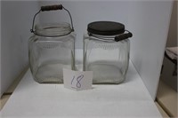 2 OLD STORE JARS, 1 LID