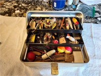 Aluminum fishing tackle box full with  vintage
