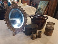 Collectable antiques - jar, binoculars,  mirror,