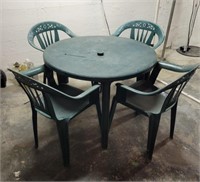 Plastic patio table and chairs.