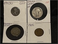 1943 D STEEL LINCOLN CENT, 1905 INDIAN HEAD CENT,