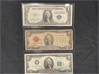 1928 D $2 RED NOTE, 1976 $2 NOTE & 1935 E SILVER