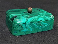 Faux malachite covered box with brass finial