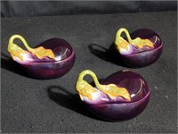 (3) Eggplant glazed ceramic covered bowls, hand