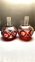 Pair of Cut D Clear Ruby lamp shades and chimneys