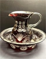 Cut D Clear Ruby Pitcher and bowl
