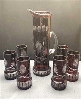 Cut D Clear Ruby Pitcher and 6 tumblers