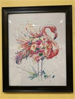 Framed pen and ink - rose flower pink flamingo -